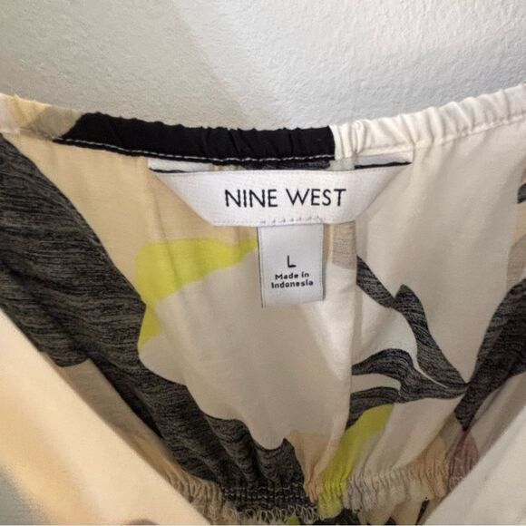 Nine West Cream & Black Floral Asían Print Maxi Dress L Milkmaid Prairie‎ Boho - Picture 3 of 14